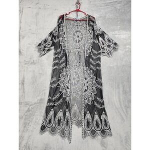 Rebellion Again Kimono Womens S Black Mesh White Embroidered Sheer Boho Beach